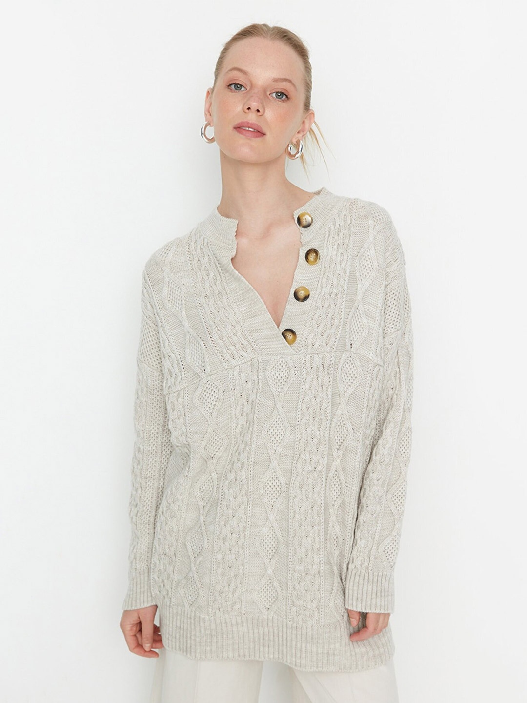 

Trendyol Women Grey Cable Knit Acrylic Longline Pullover