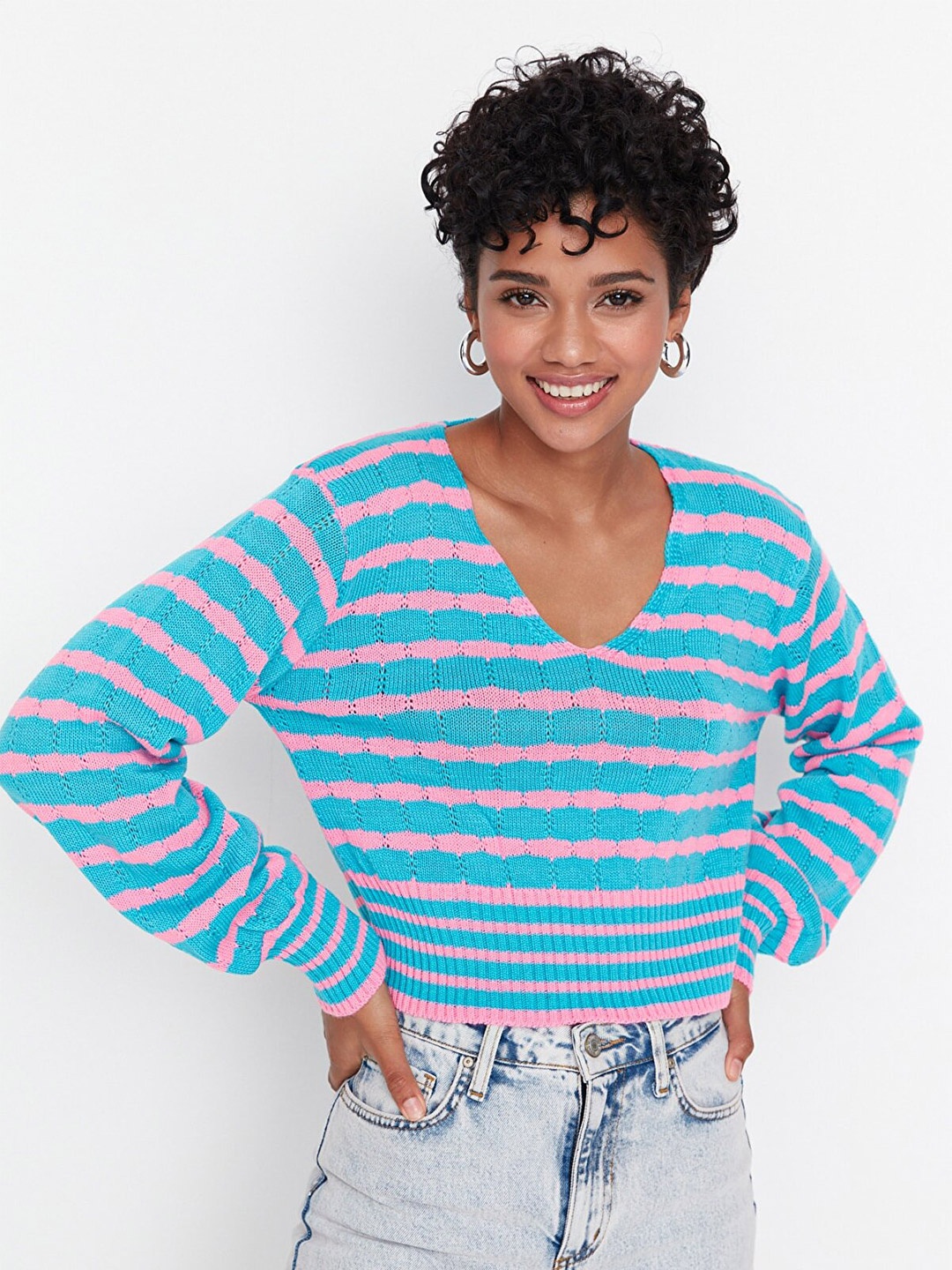 

Trendyol Women Blue & Pink Striped Pullover