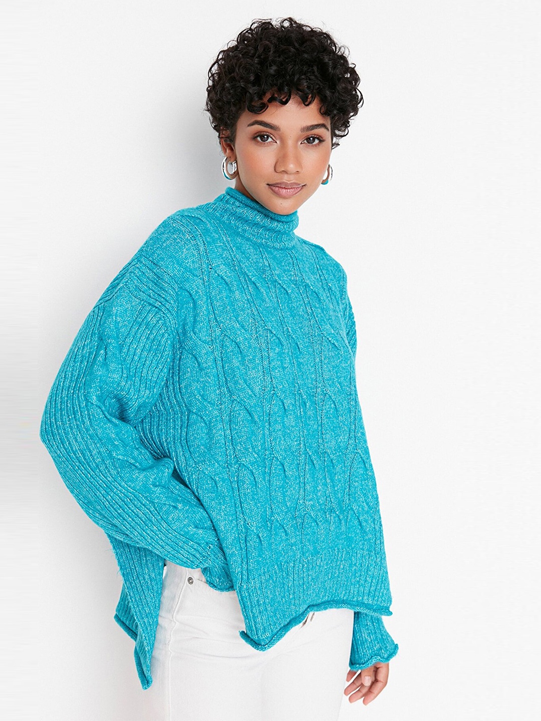 

Trendyol Women Turquoise Blue Cable Knit Pullover