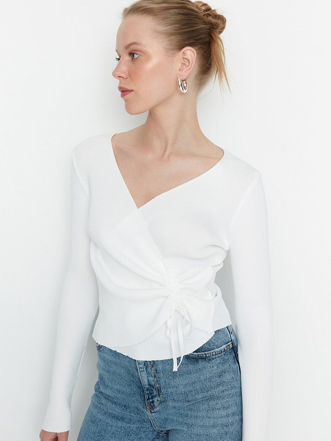 

Trendyol Women White Ribbed Pullover