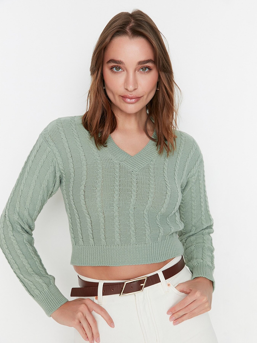

Trendyol Women Green Cable Knit Crop Cardigan