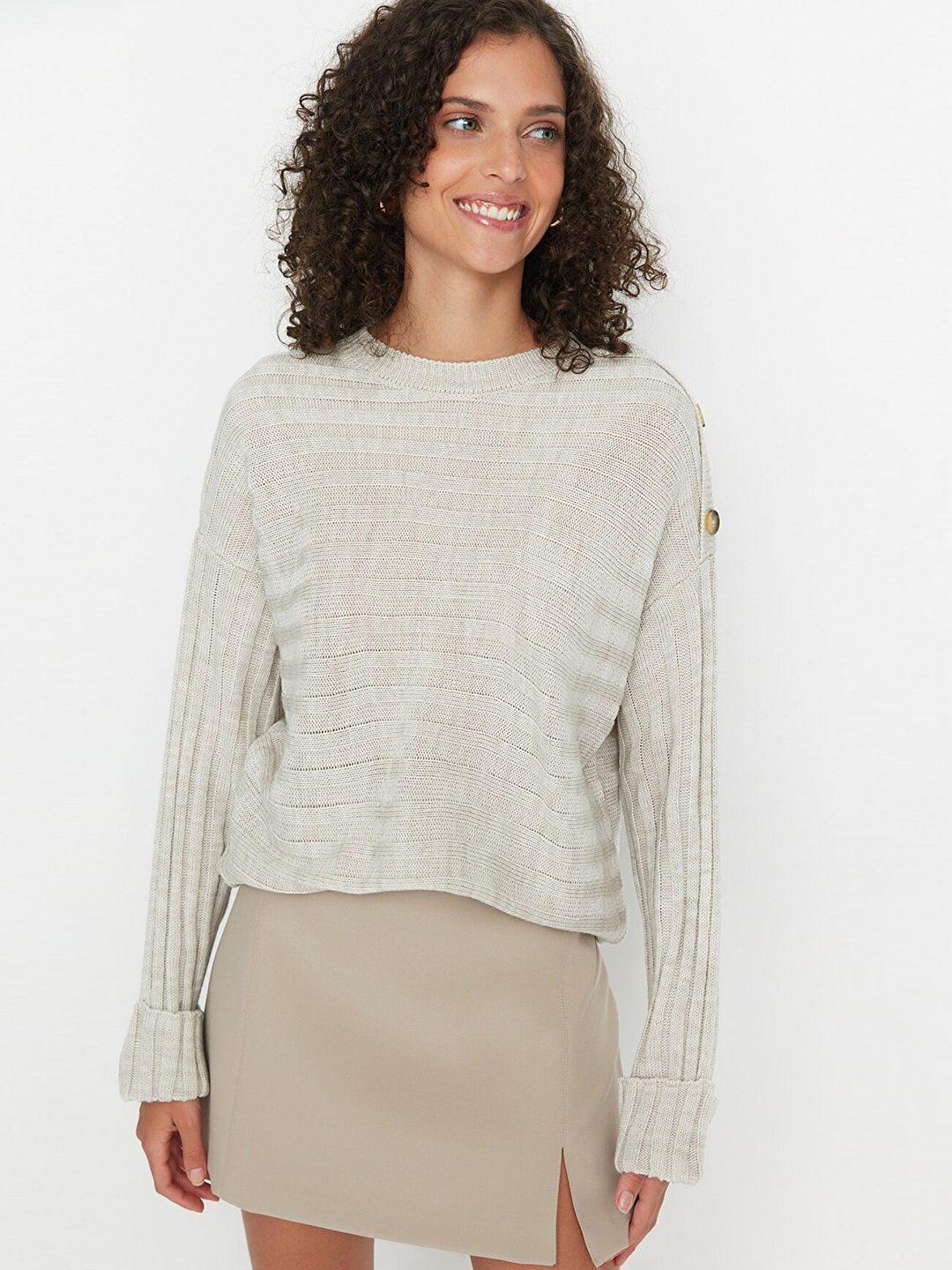 

Trendyol Women Grey Acrylic Striped Pullover
