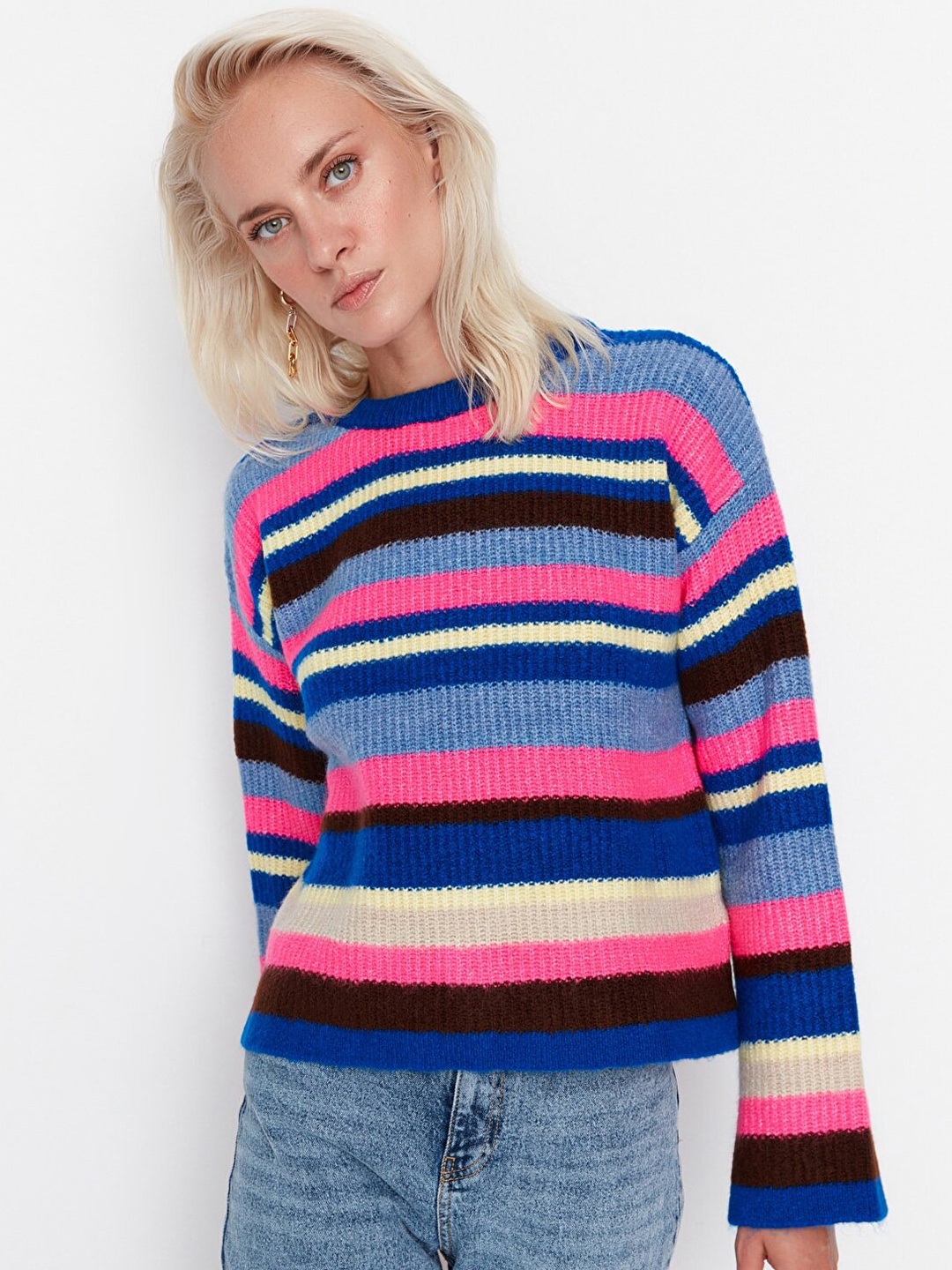 

Trendyol Women Blue & Black Striped Pullover