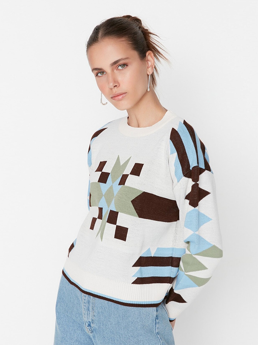 

Trendyol Women Off White & Blue Self Design Pullover