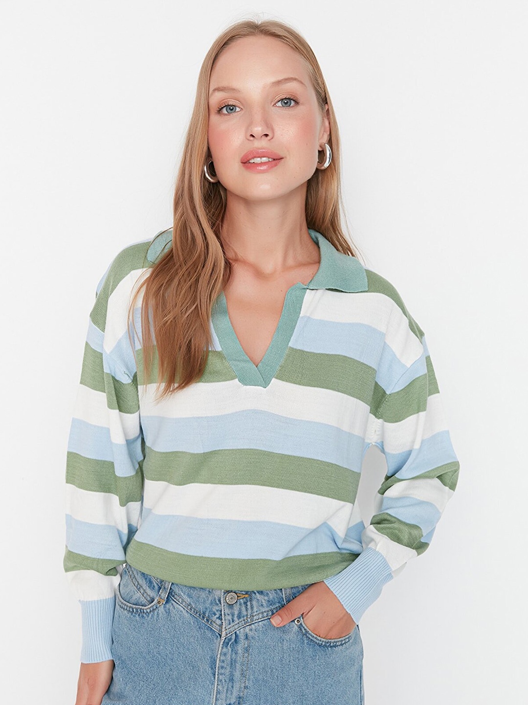 

Trendyol Women Green & Blue Striped Pullover