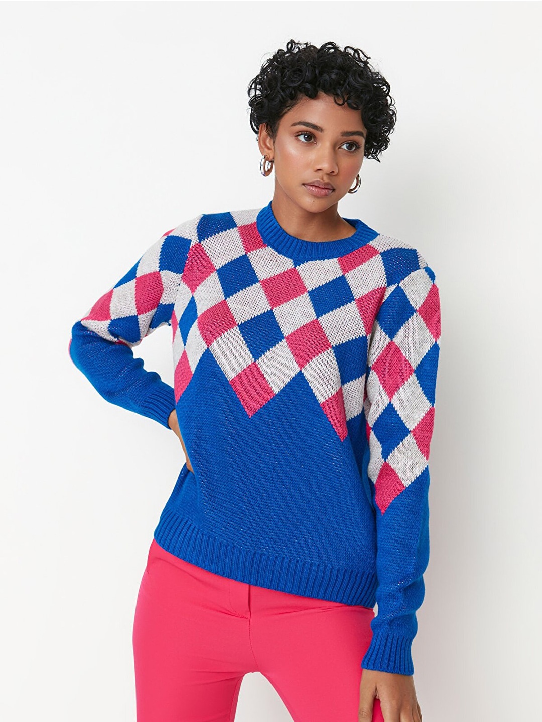 

Trendyol Women Blue & Pink Checked Pullover