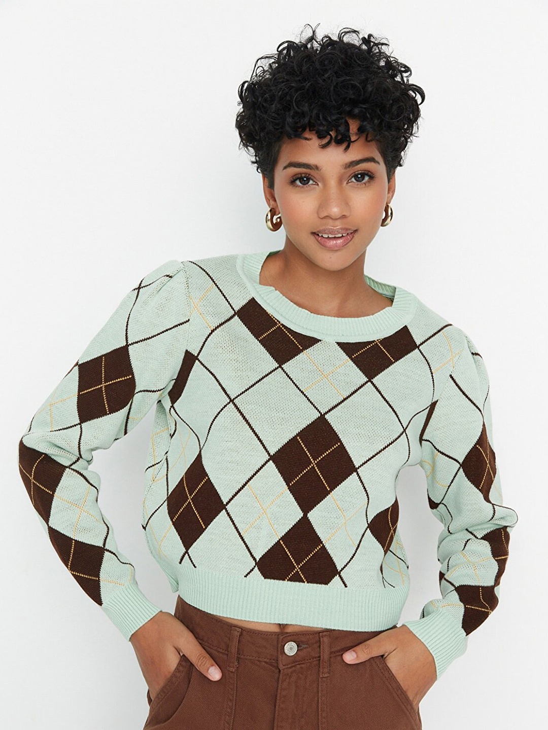 

Trendyol Women Green & Brown Printed Crop Pullover