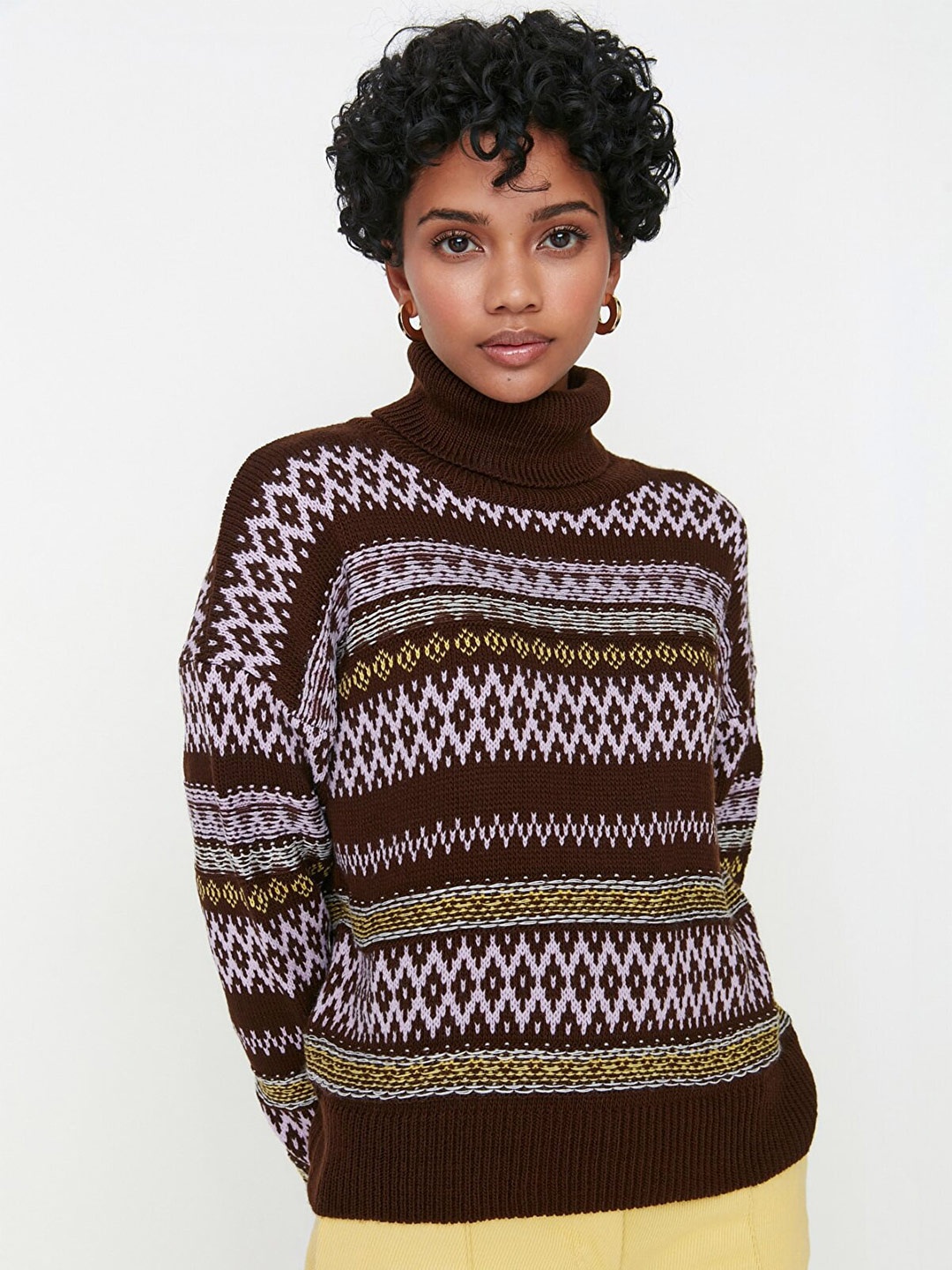 

Trendyol Women Brown & White Argyle Pullover