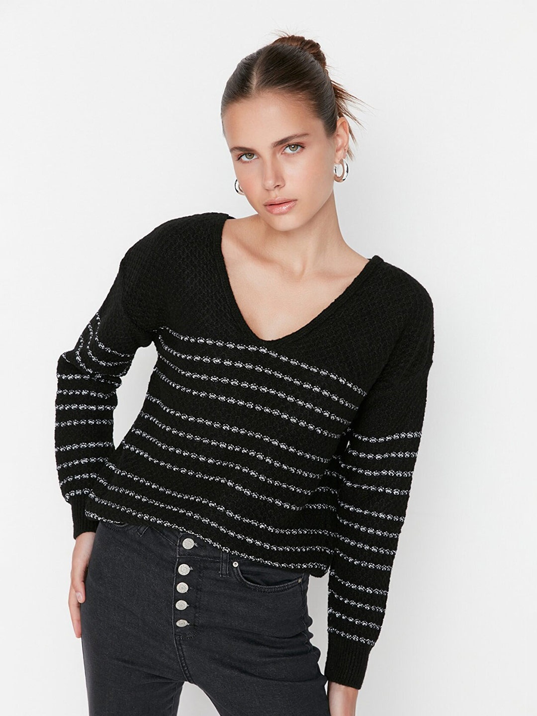 

Trendyol Women Black & White Striped Pullover