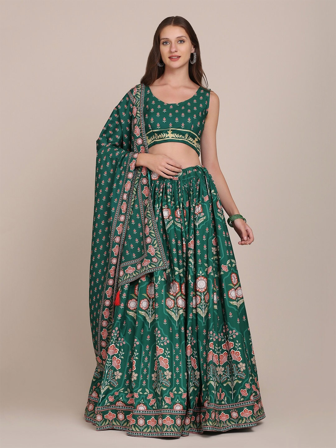 

Warthy Ent Green & Red Printed Semi-Stitched Lehenga With Unstitched Blouse & Dupatta