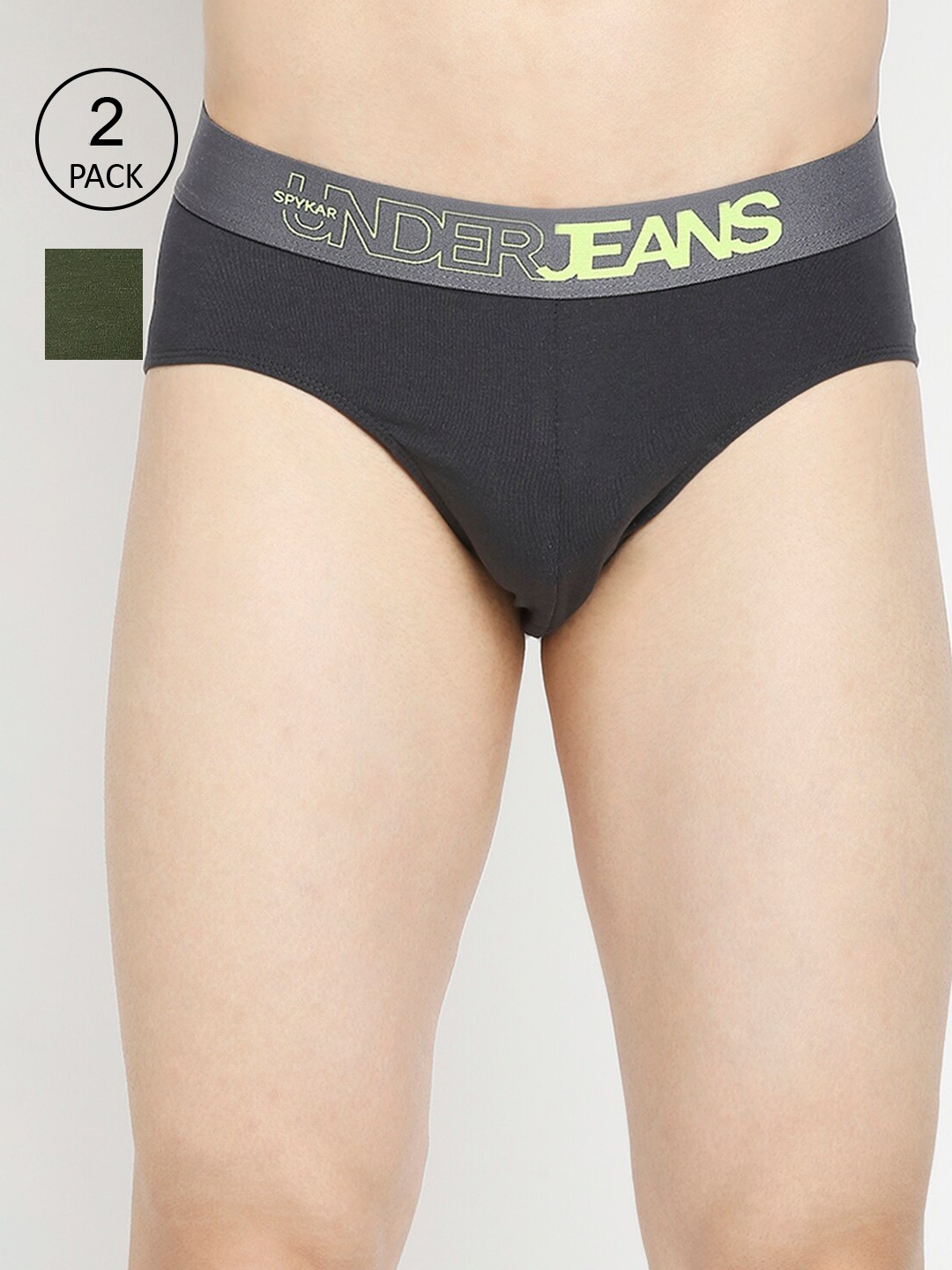 

UnderJeans by Spykar Men Pack Of 2 Grey & Olive Green Basic Briefs UJEPBC055DKGREYOLIVE