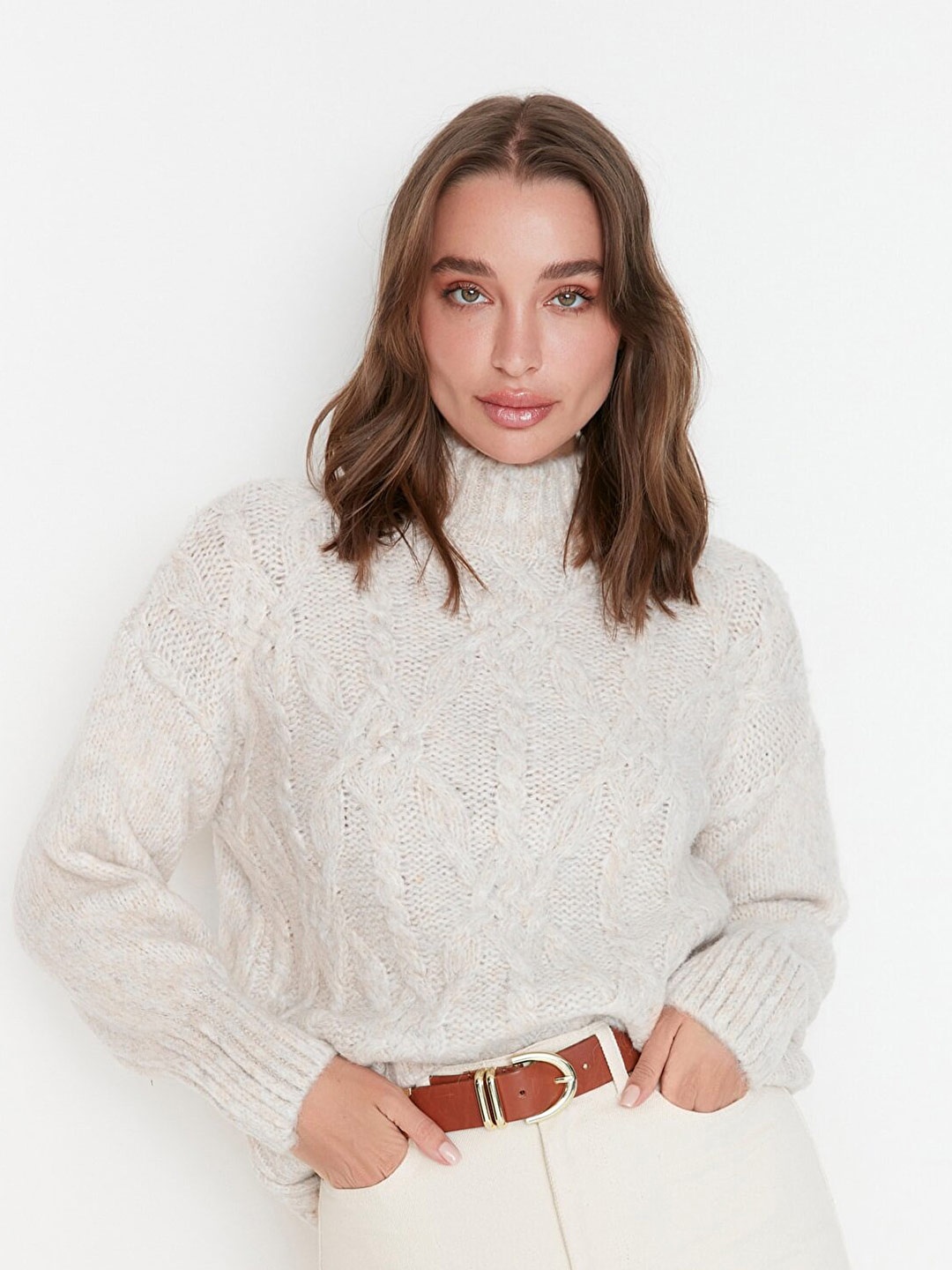 

Trendyol Women Off White Cable Knit Cardigan