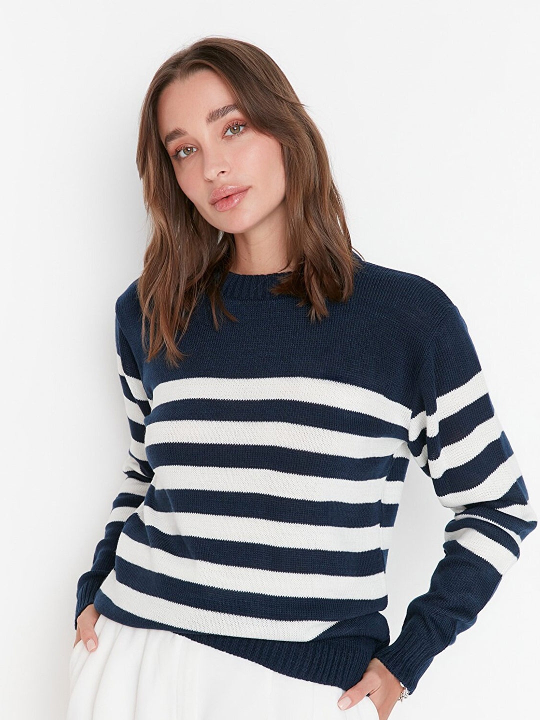 

Trendyol Women Navy Blue & White Striped Pullover