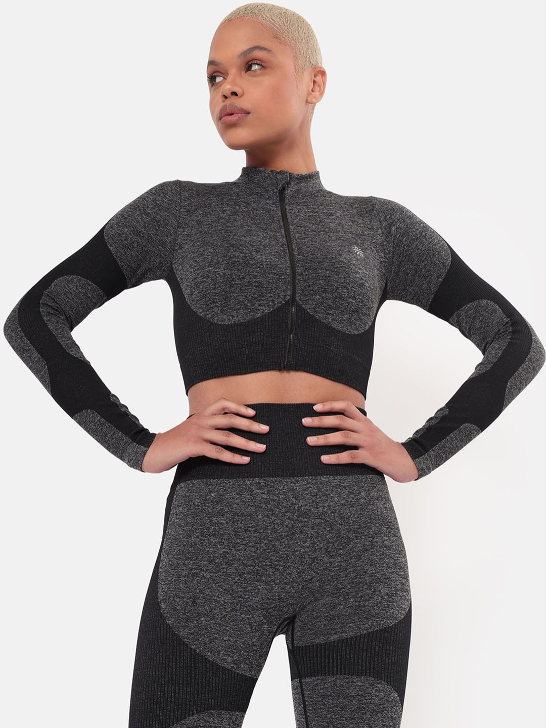 

Cultsport Women Black Grey Crop Training or Gym Sporty Jacket