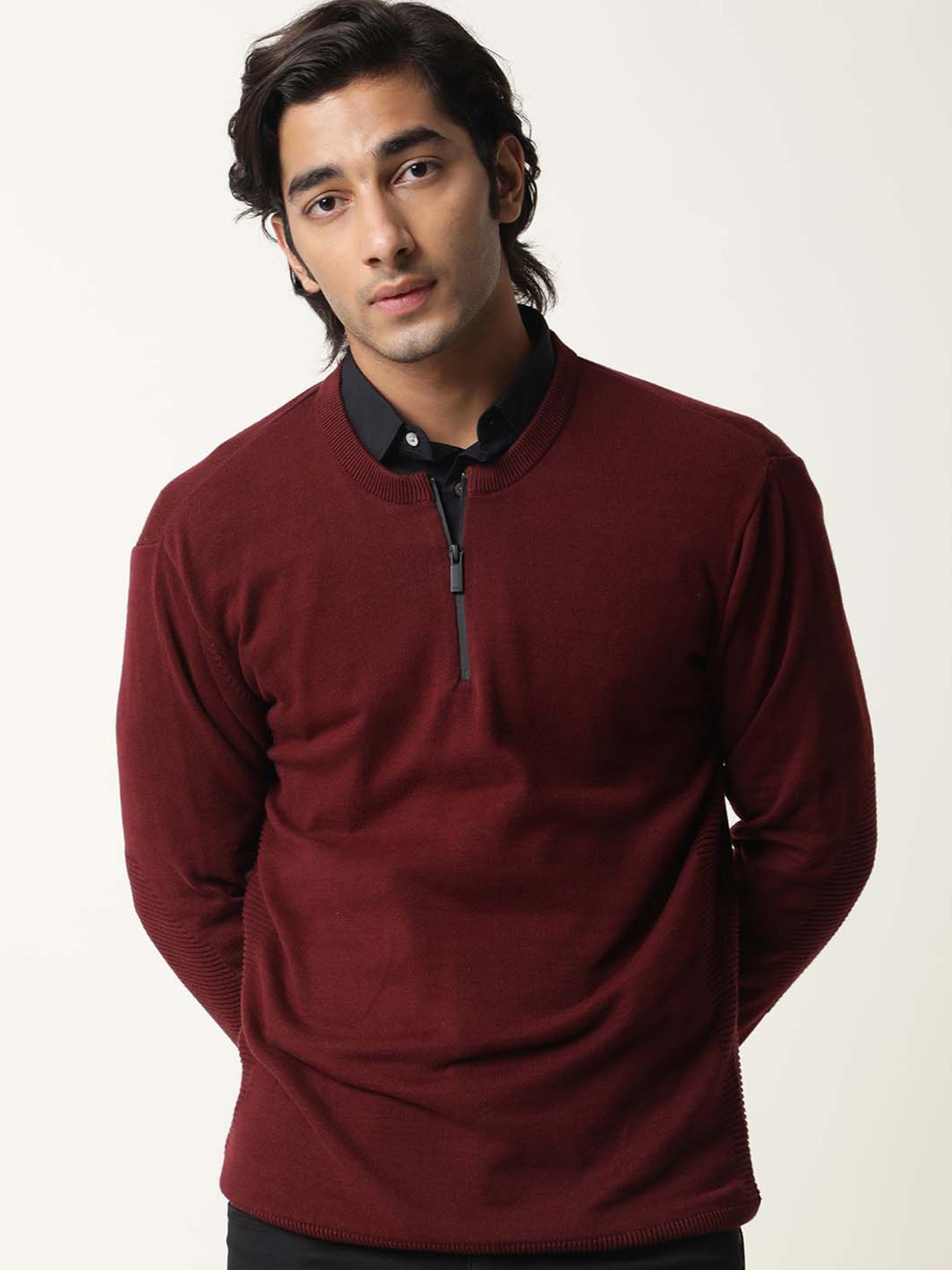 

RARE RABBIT Men Rumbled Slim Fit Half Zipper Sweater, Maroon