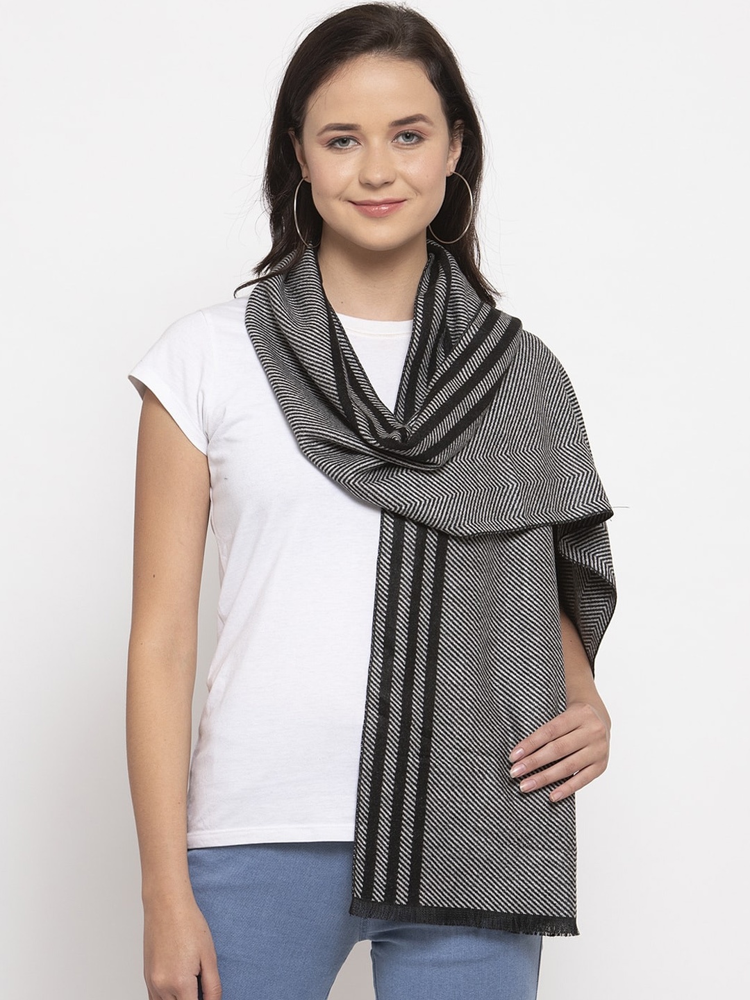 

Calvadoss Women Black & Grey Striped Acrylic Muffler