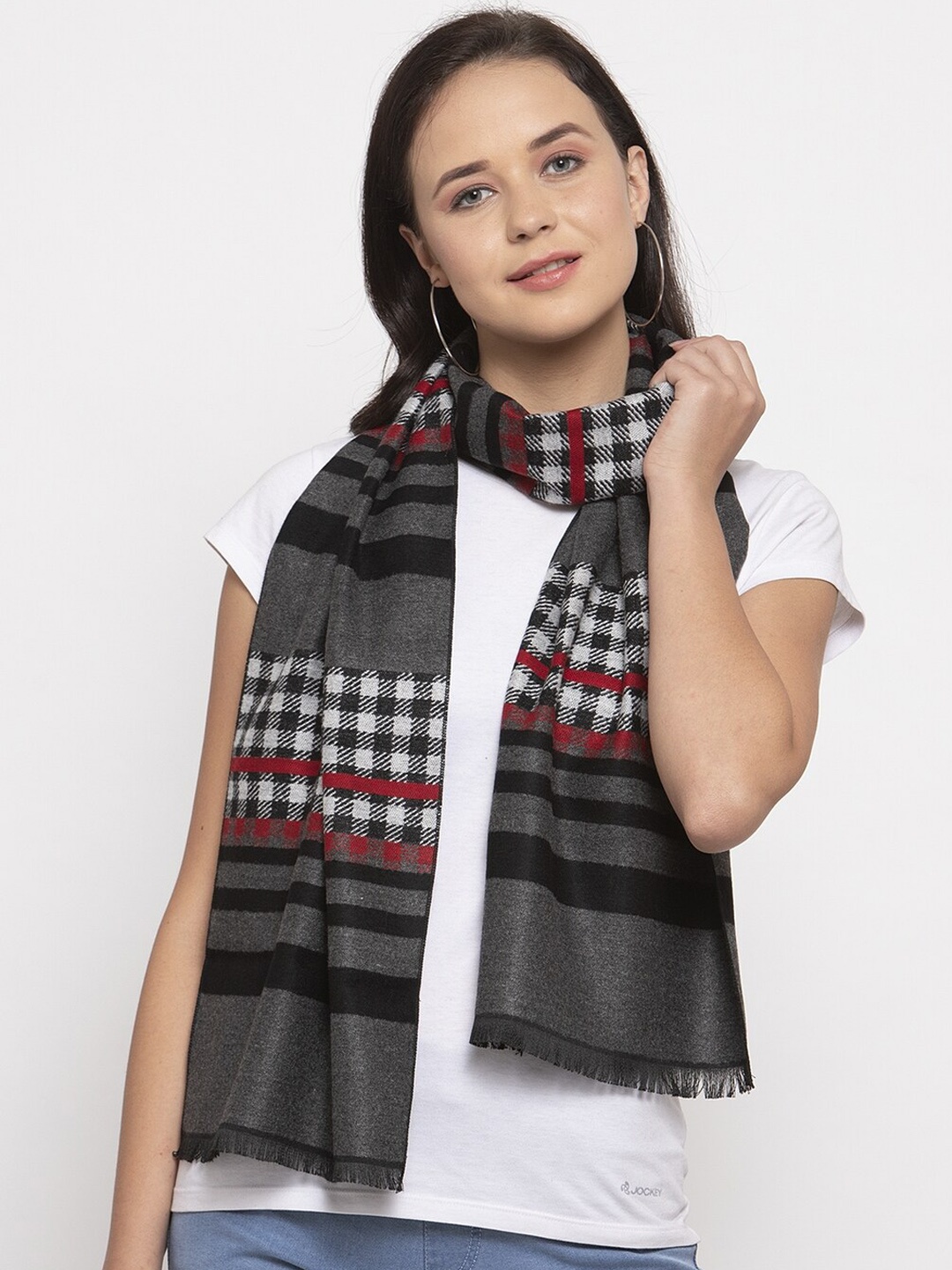 

Calvadoss Women Charcoal & White Checked Acrylic Muffler