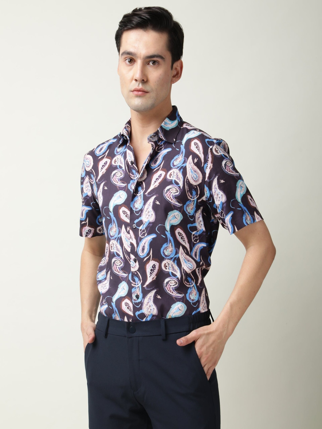 

RARE RABBIT Men Ivy Slim Fit Floral Printed Shirt, Navy blue