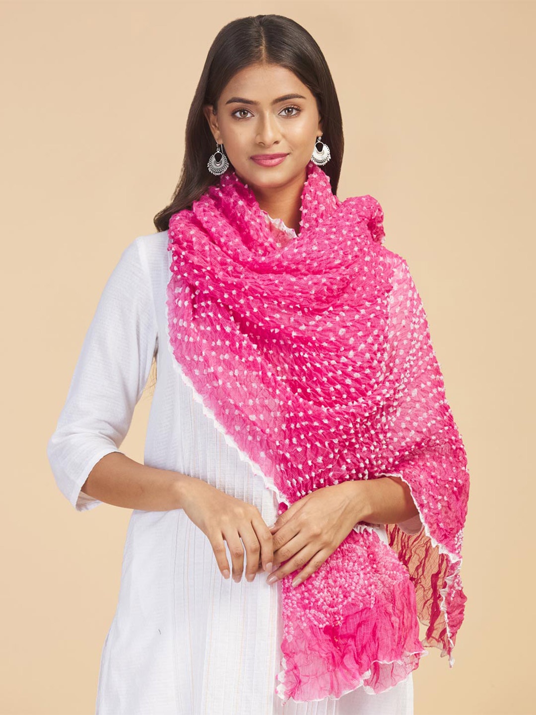 

Fabindia Pink & White Printed Cotton Silk Bandhani Dupatta