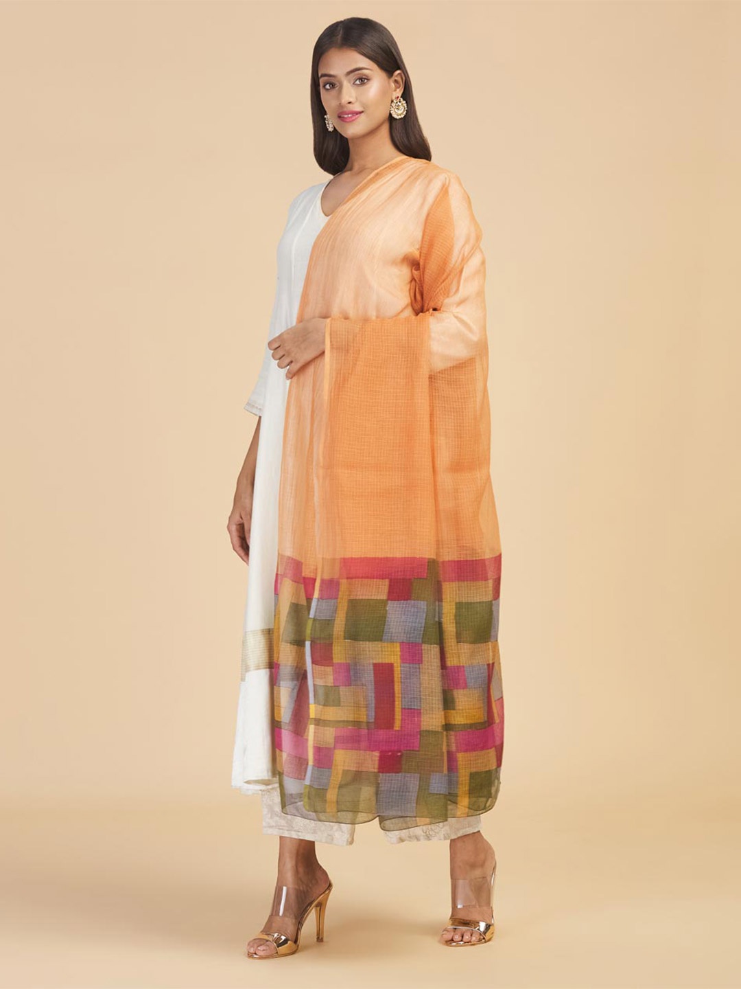 

Fabindia Orange & Red Printed Cotton Silk Dupatta