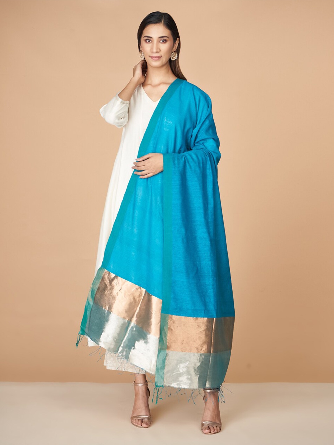 

Fabindia Turquoise Blue & Gold-Toned Pure Silk Dupatta with Zari