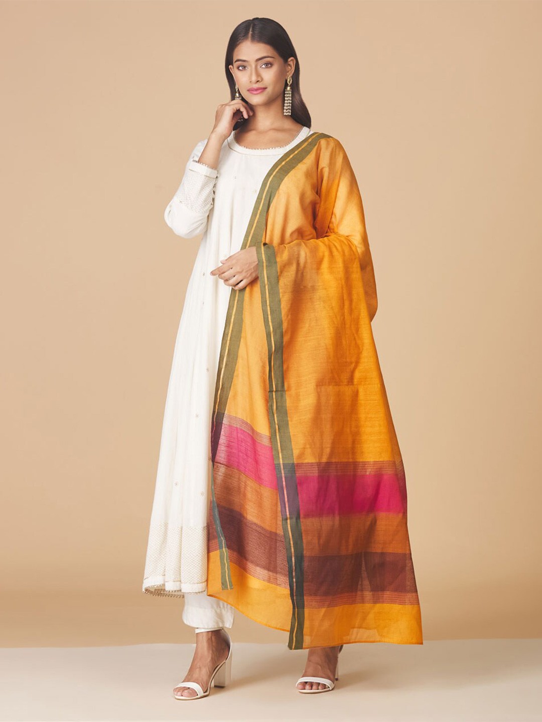 

Fabindia Mustard & Green Woven Design Pure Silk Dupatta