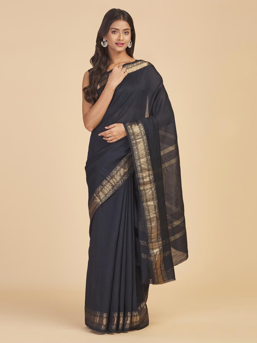 

Fabindia Black & Gold-Toned Zari Pure Cotton Ready to Wear Saree