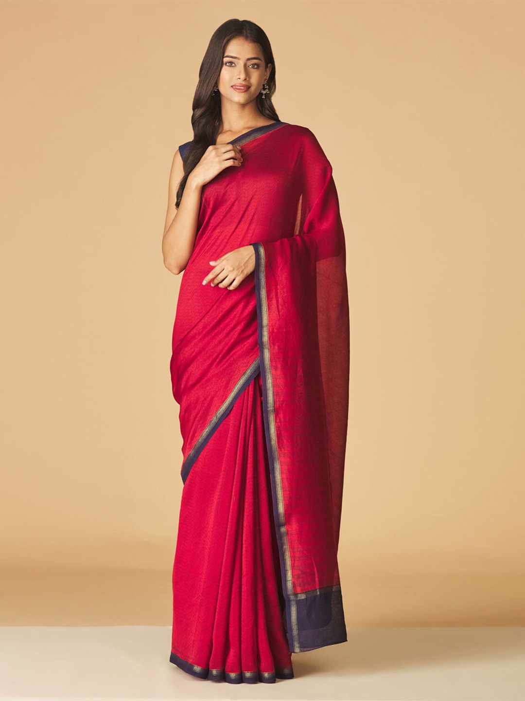 

Fabindia Red & Gold-Toned Ready to Wear Block Print Saree