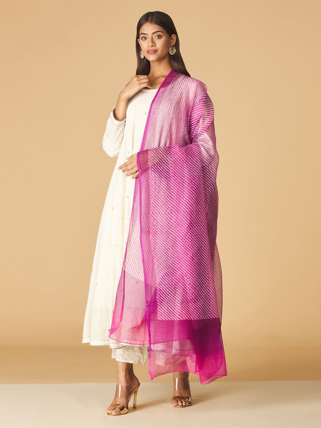 

Fabindia Pink & Off White Striped Cotton Silk Dupatta