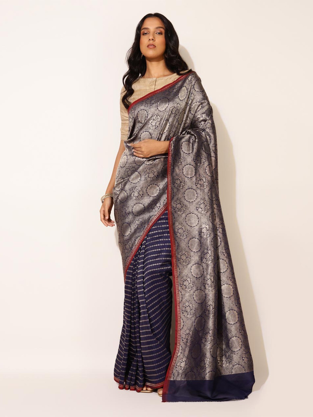 

Fabindia Navy Blue & Red Ethnic Motifs Zari Silk Blend Ready to Wear Saree