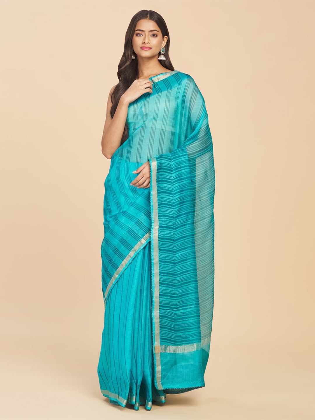 

Fabindia Blue & Gold-Toned Leheriya Zari Pure Cotton Ready to Wear Block Print Saree