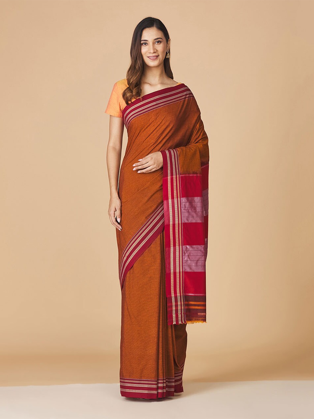 

Fabindia Brown & Pink Pure Cotton Ready to Wear Saree