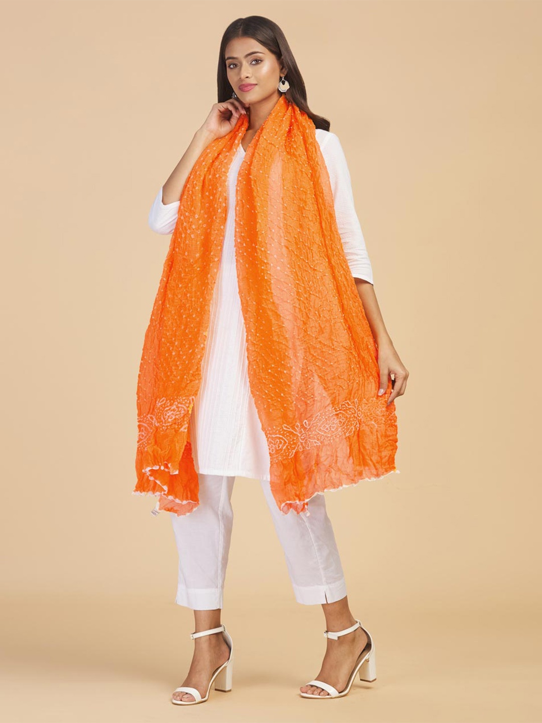

Fabindia Yellow & Off White Woven Design Cotton Silk Bandhani Dupatta