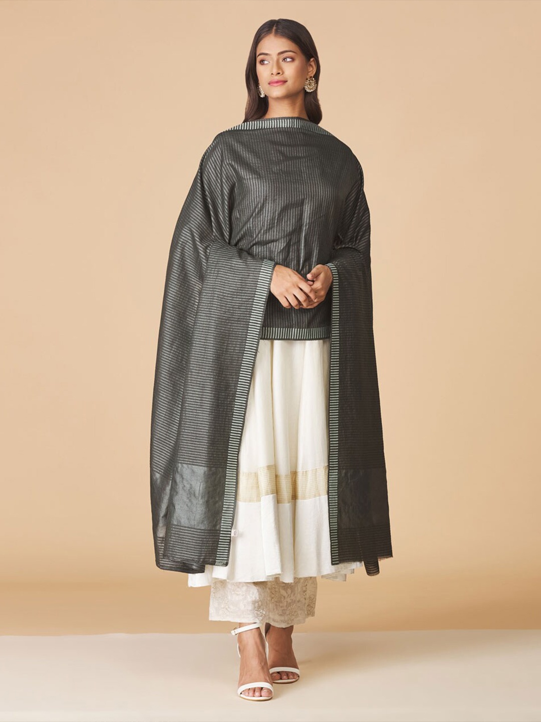 

Fabindia Grey & Off White Striped Dupatta