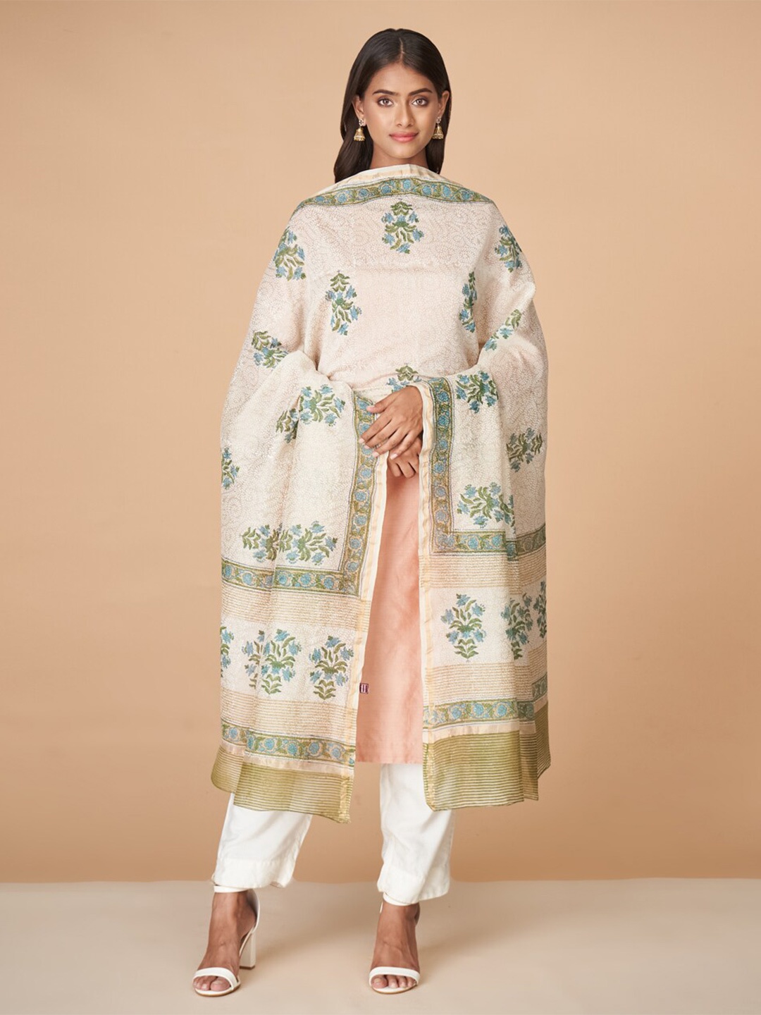 

Fabindia Beige & Blue Printed Cotton Silk Dupatta