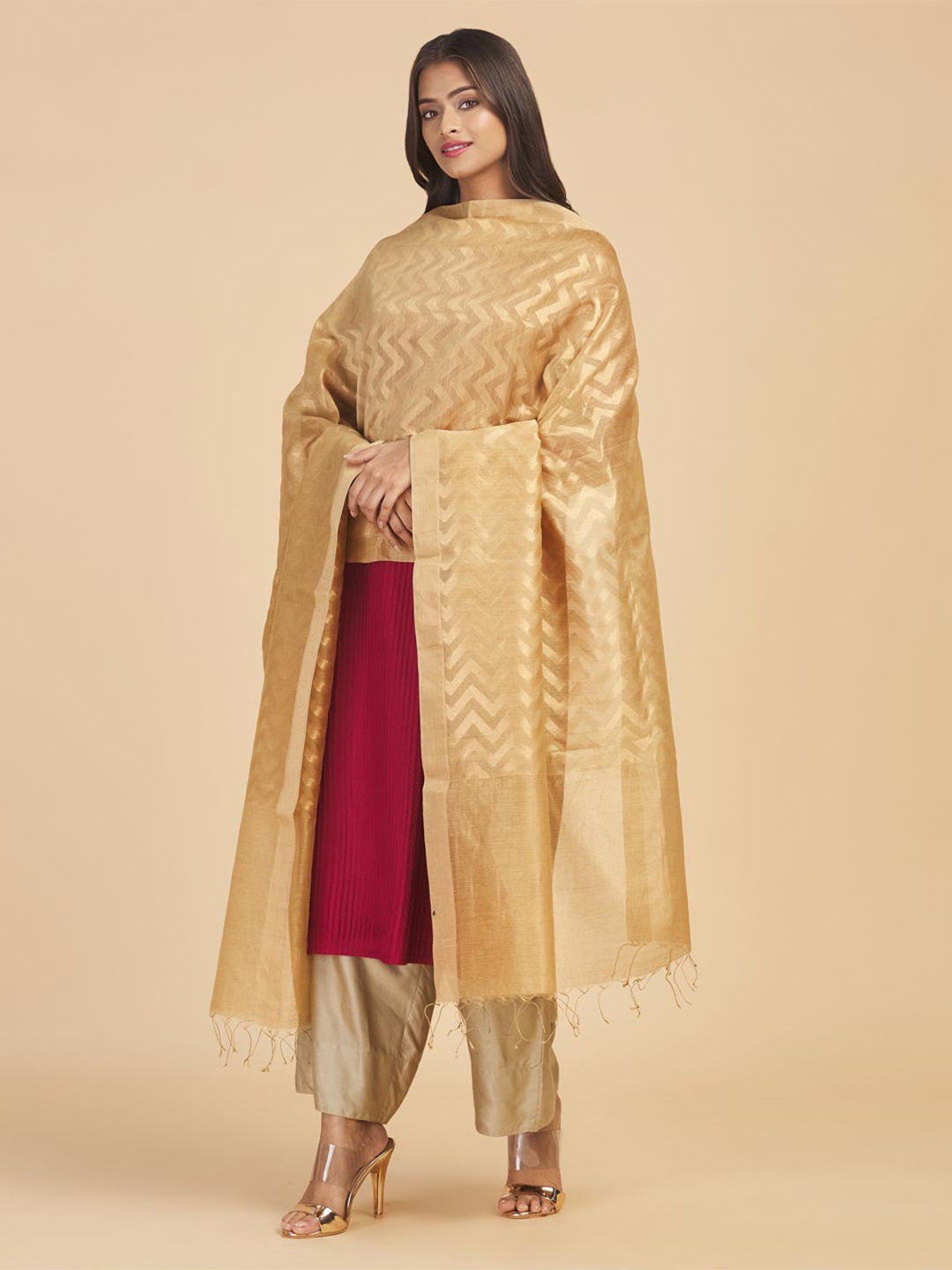 

Fabindia Gold-Toned Woven Design Cotton Silk Dupatta with Zari