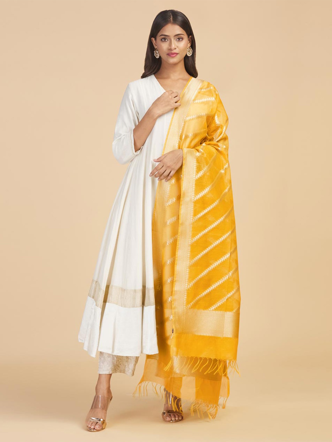 

Fabindia Yellow & Gold-Toned Woven Design Cotton Silk Dupatta