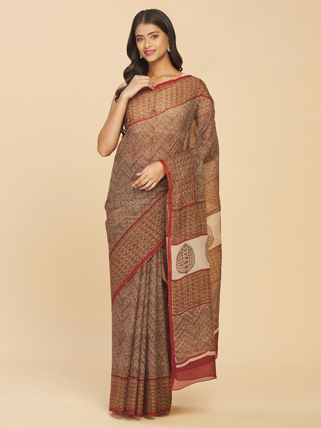 

Fabindia Beige & Red Ethnic Motifs Silk Cotton Ready to Wear Block Print Saree