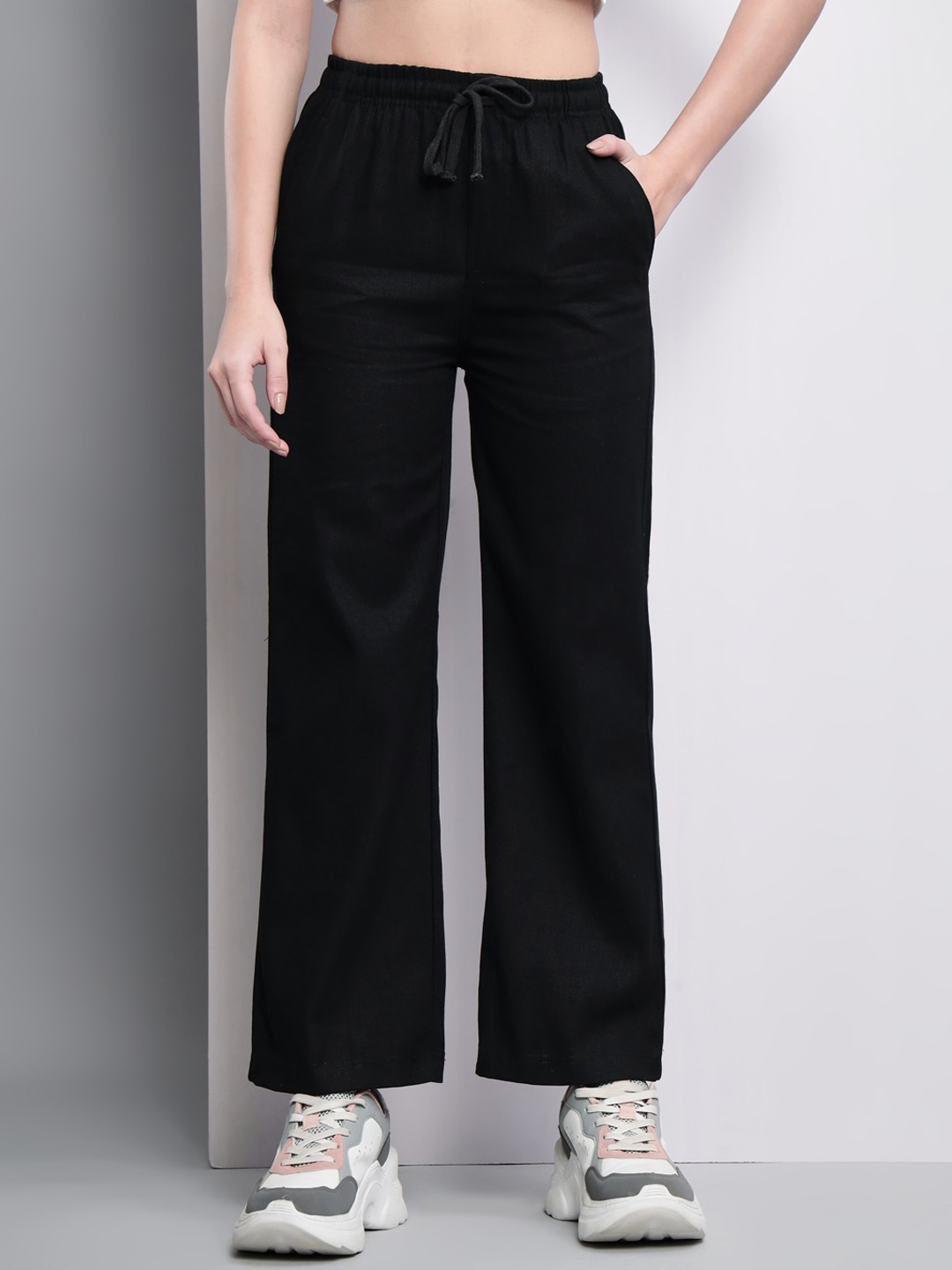 

Q-rious Women Black Relaxed Pure Cotton Flared Trousers