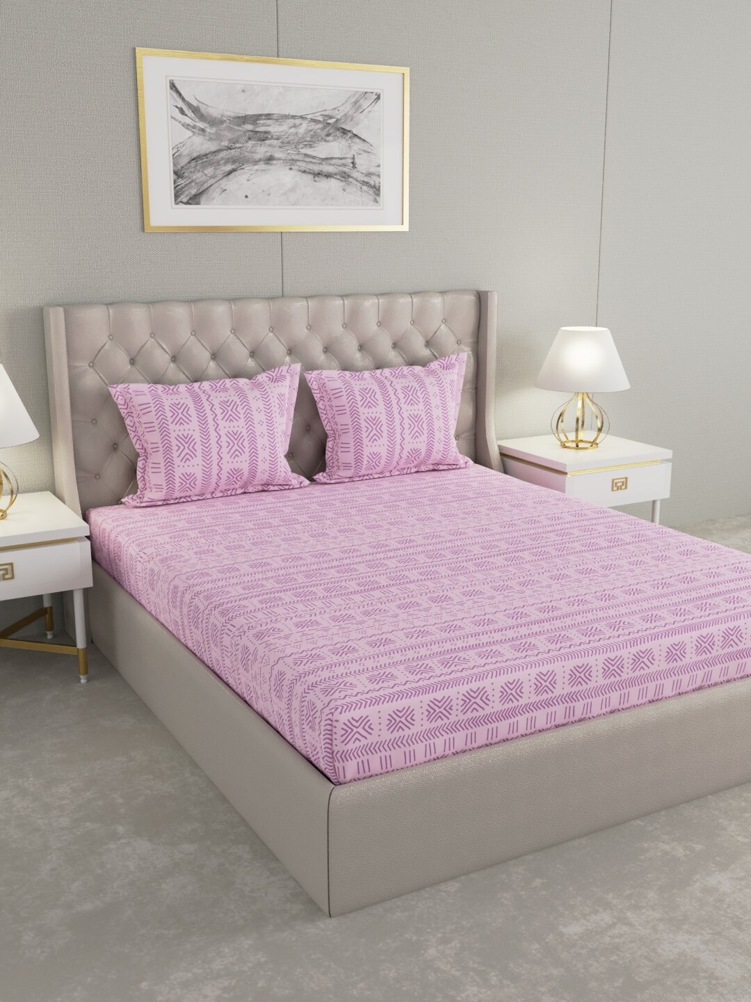 

Raymond Home Lavender & Pink Geometric 104 TC Cotton King Bedsheet with 2 Pillow Covers