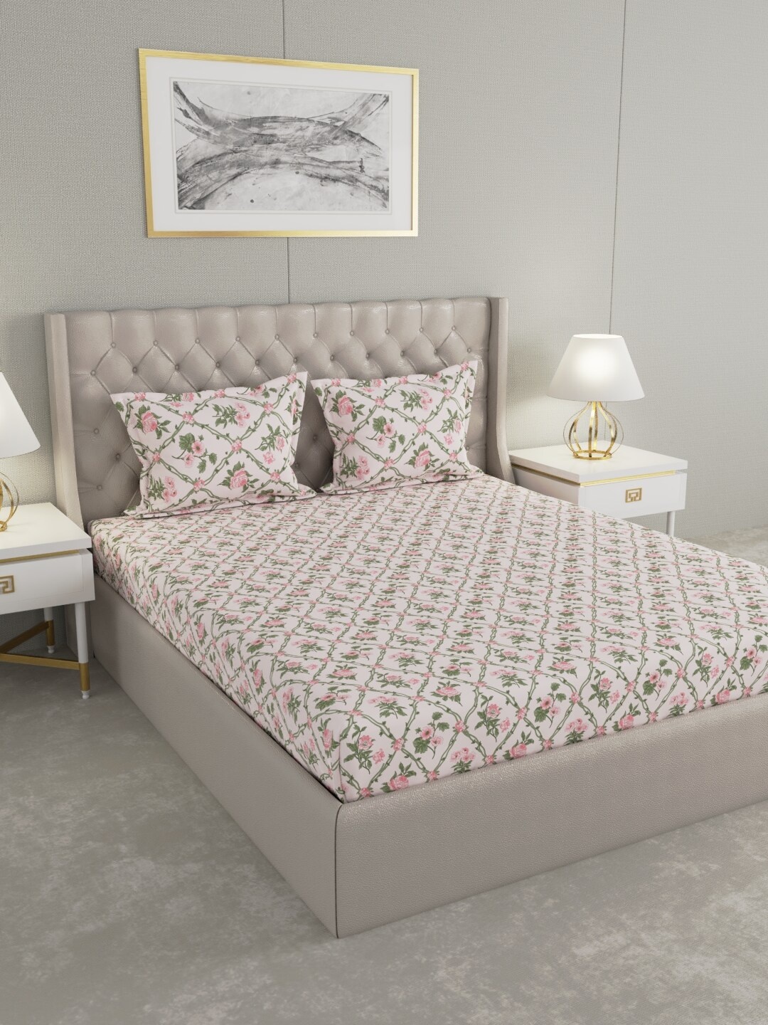 

Raymond Home Pink & Green Floral 104 TC Cotton King Bedsheet with 2 Pillow Covers