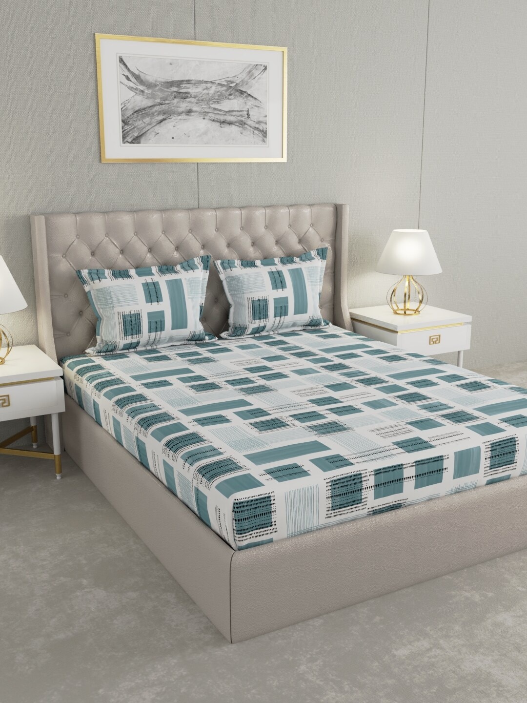 

Raymond Home Blue & White Geometric 104 TC Cotton King Bedsheet with 2 Pillow Covers