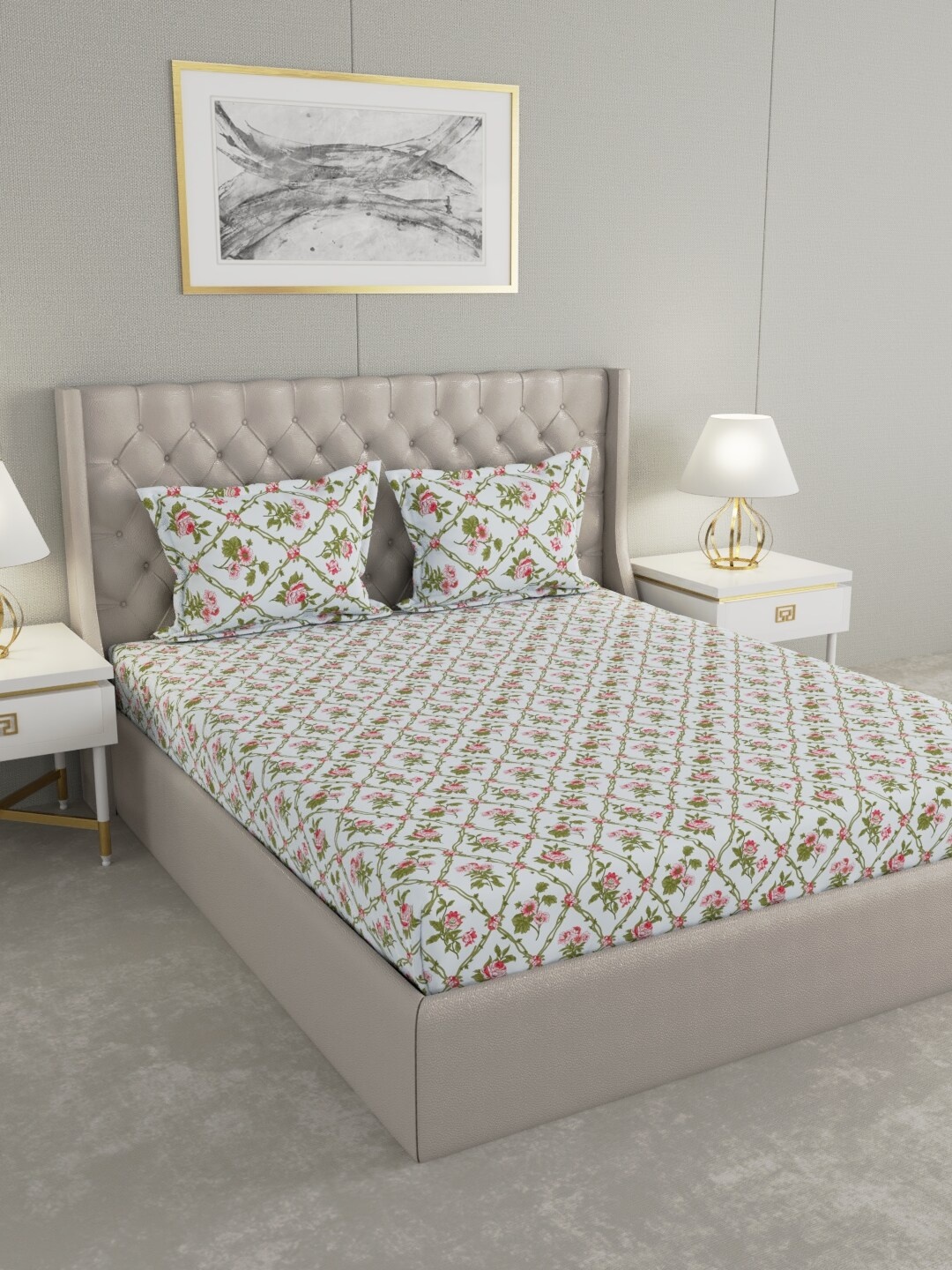 

Raymond Home Blue & Green Floral Cotton 104 TC Fitted King Bedsheet with 2 Pillow Covers