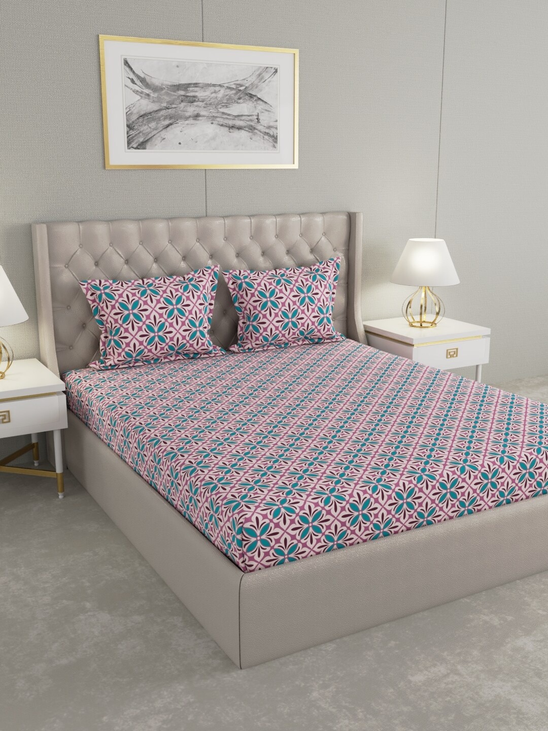 

Raymond Home Pink & Blue Floral 104 TC King Bedsheet with 2 Pillow Covers