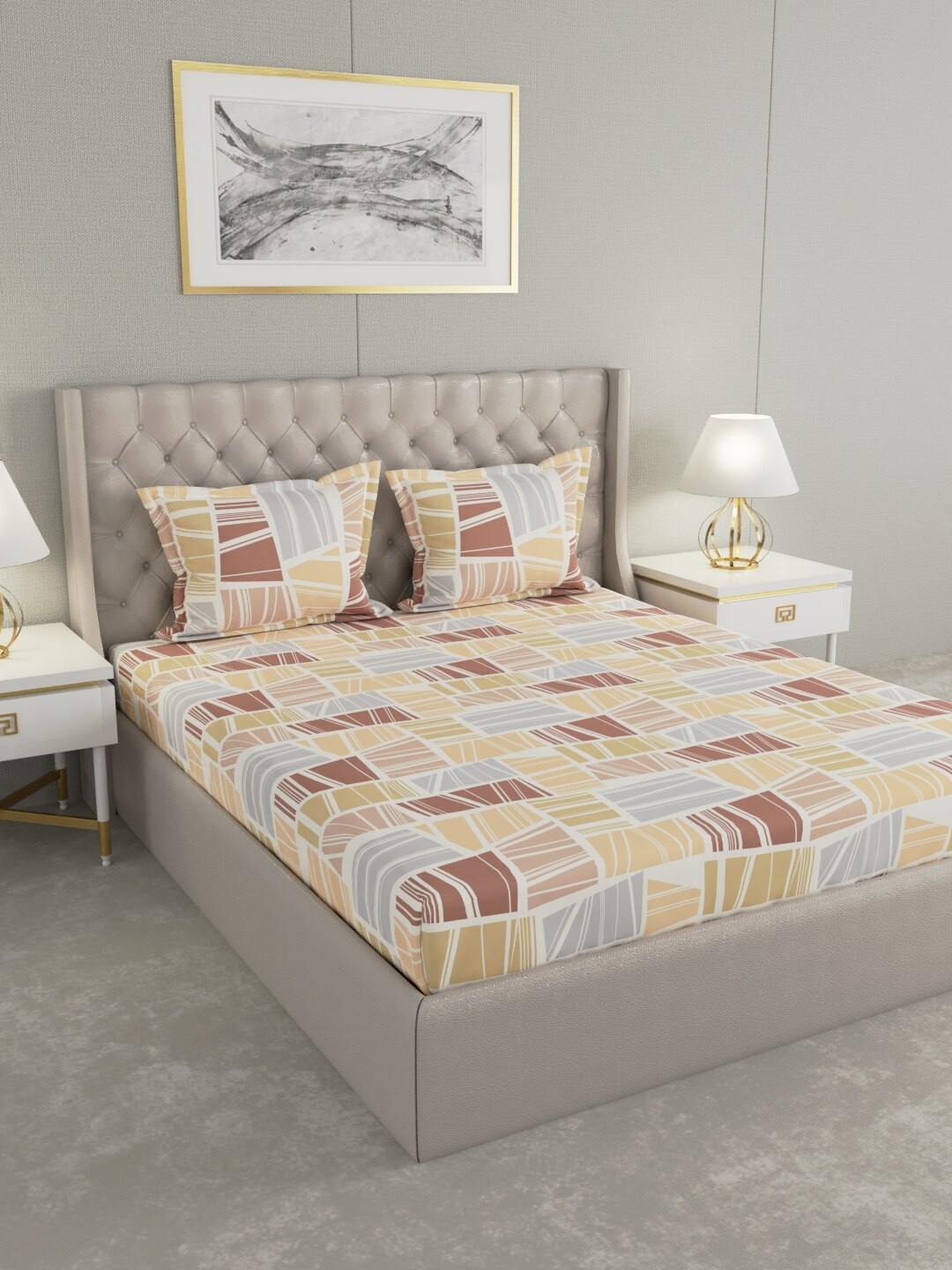 

Raymond Home Brown & Pink Geometric 104 TC King Bedsheet with 2 Pillow Covers