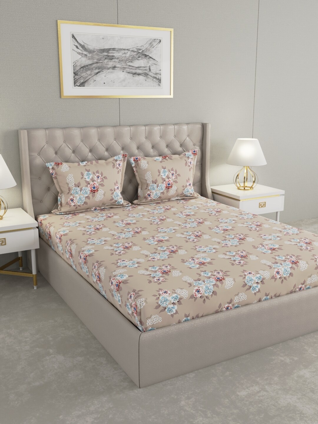 

Raymond Home Brown & Blue Floral 104 TC King Bedsheet with 2 Pillow Covers
