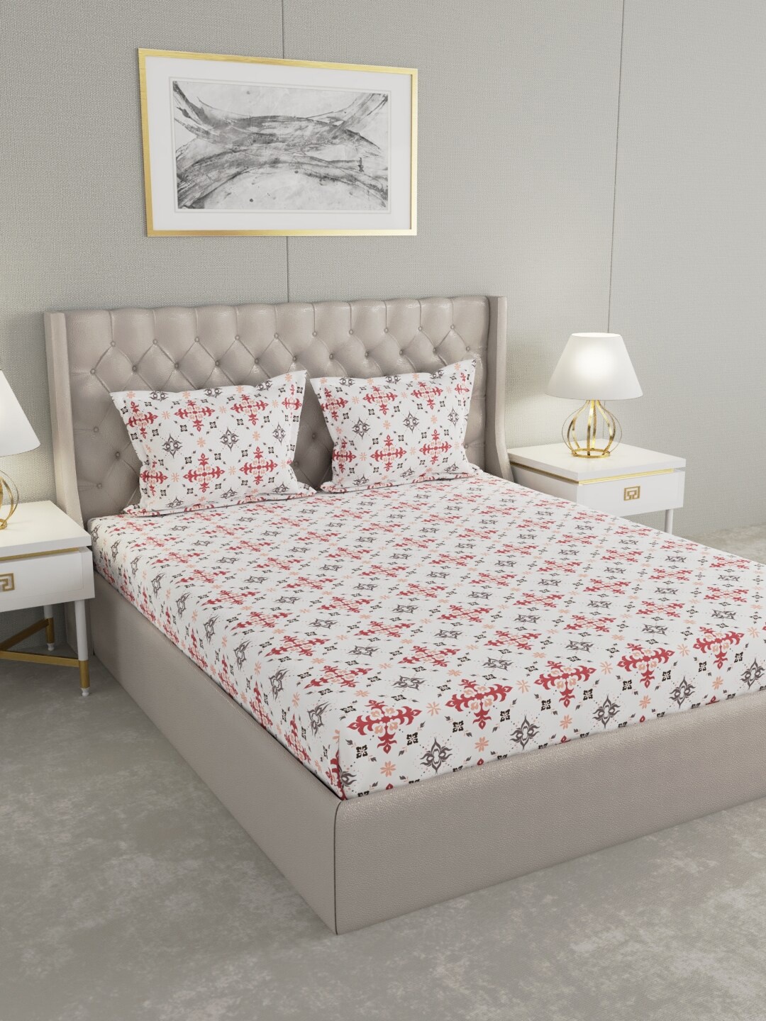 

Raymond Home Maroon & White Floral 104 TC Cotton King Bedsheet with 2 Pillow Covers