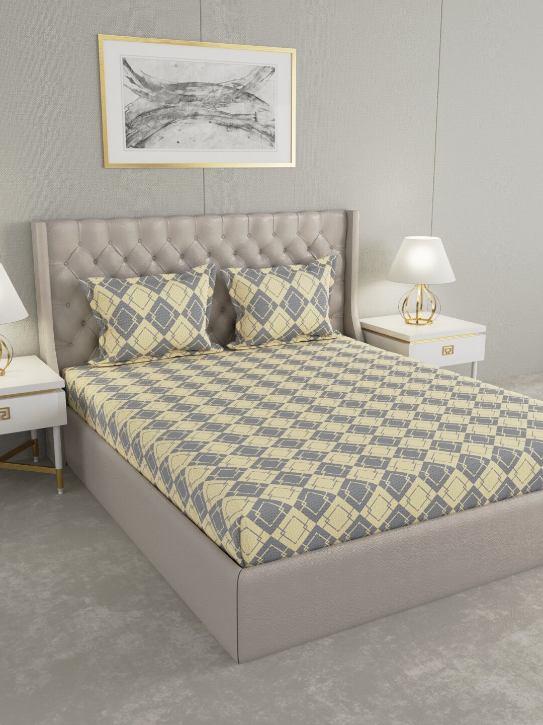 

Raymond Home Yellow & Grey Geometric 104 TC King Bedsheet with 2 Pillow Covers