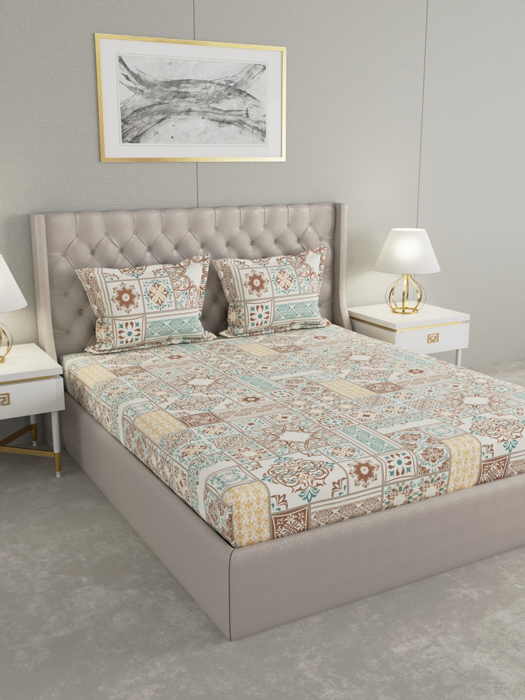 

Raymond Home Cream-Coloured & Brown Floral 104 TC King Bedsheet with 2 Pillow Covers