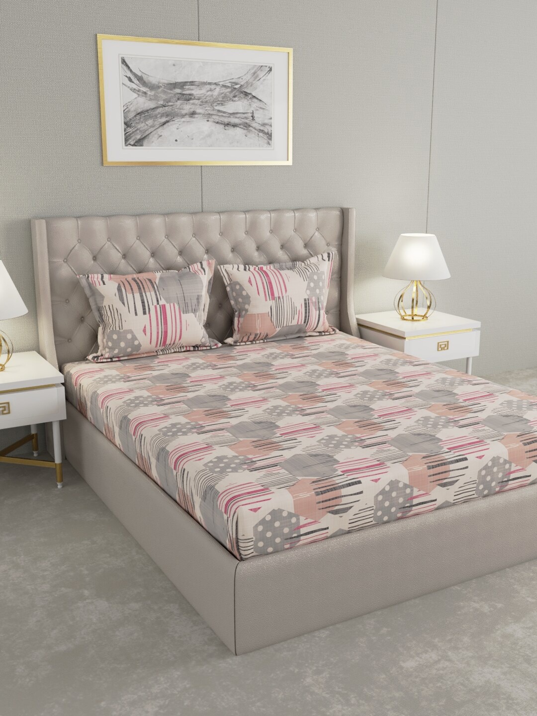 

Raymond Home Pink & Grey Geometric 104 TC King Bedsheet with 2 Pillow Covers